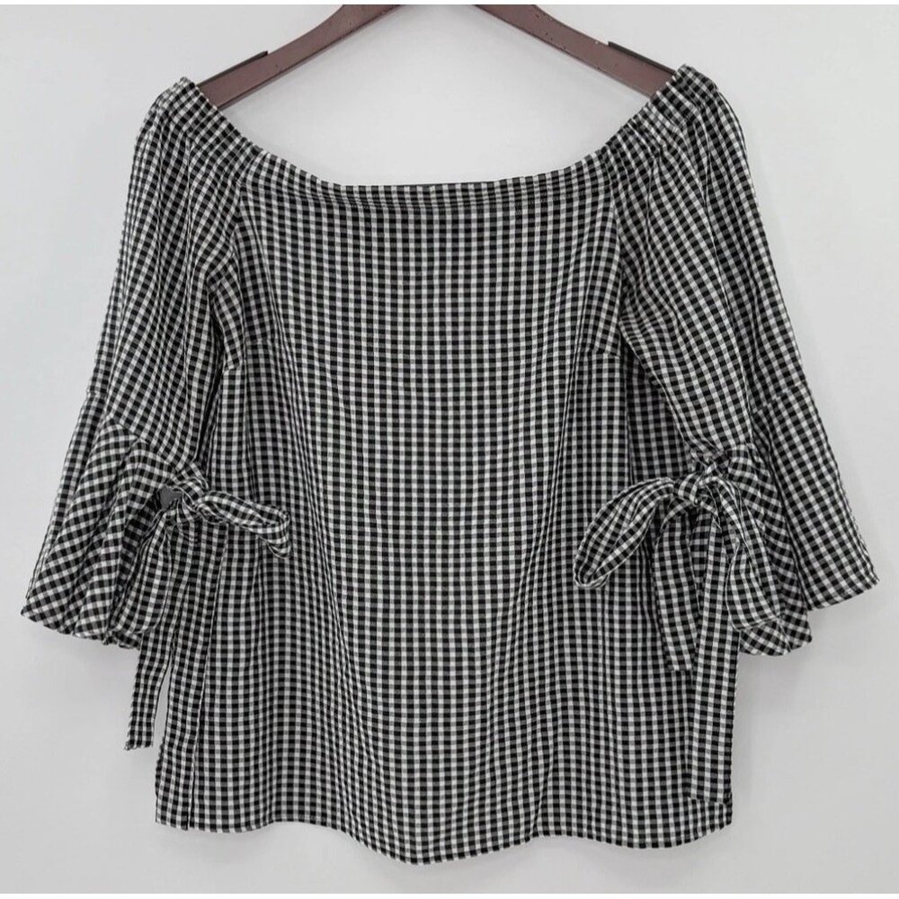 H&M Check Off The Shoulder Black & White Flutter Tie Sleeve Blouse‎ Sz  8 Preppy